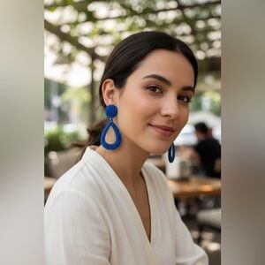 Vibrant Royal Blue Earrings feature a Textured,Teardrop Shaped Dangle Design